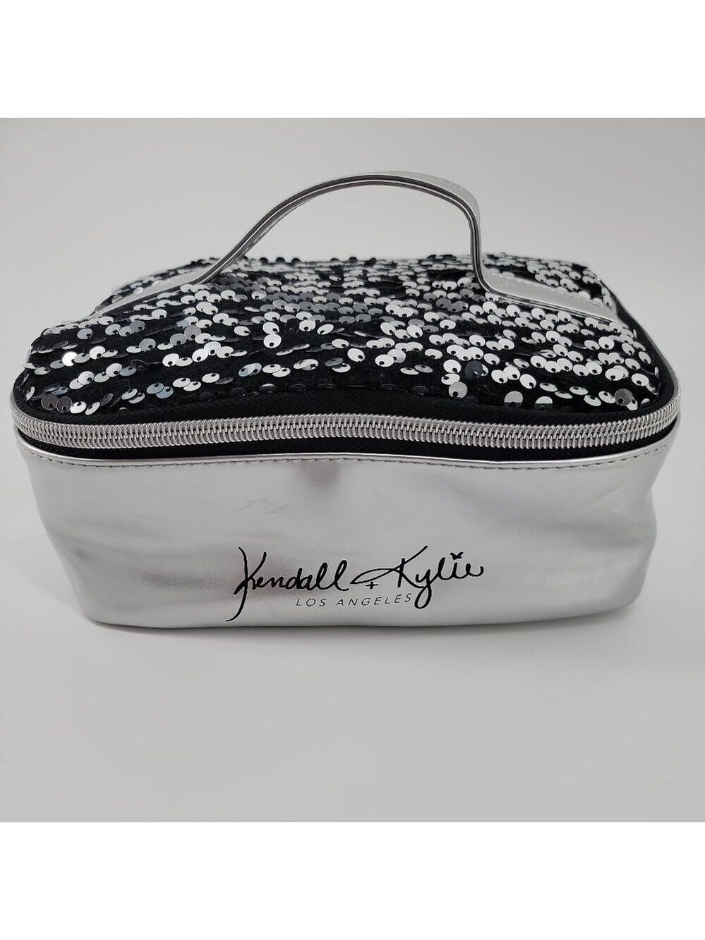 Kendall + Kylie Sequin Makeup Case Silver Black Travel Cosmetic Bag Zip Top